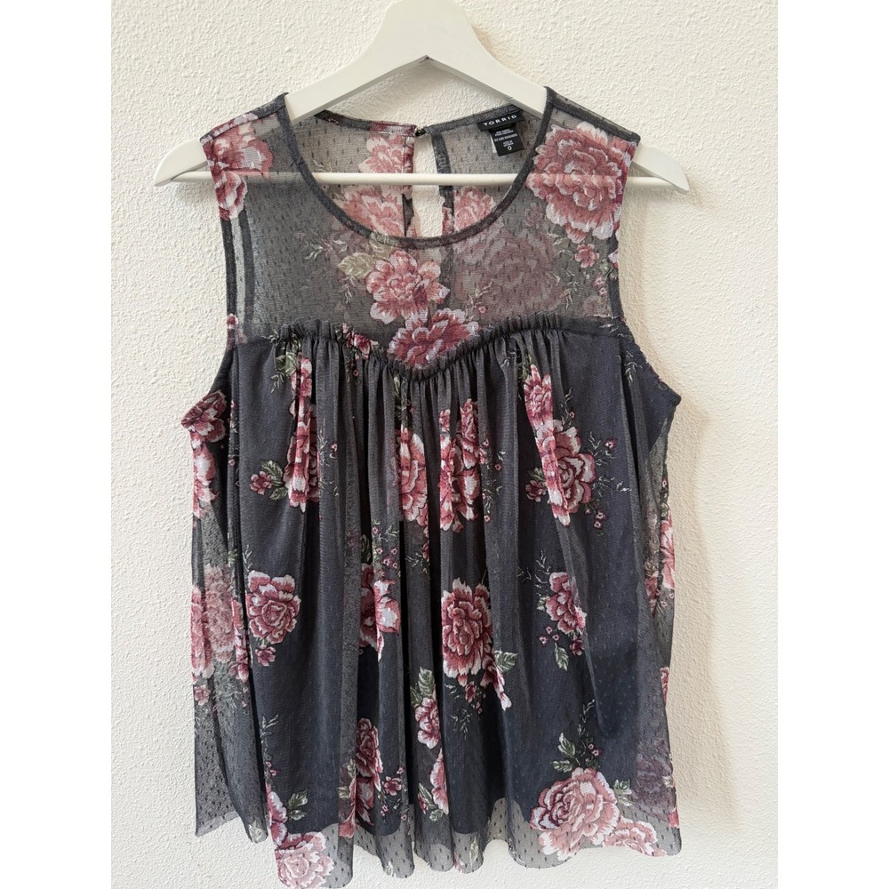 Torrid Floral Mesh Babydoll Top Sleeveless Sheer Pointelle Grey Pink Size 0 L